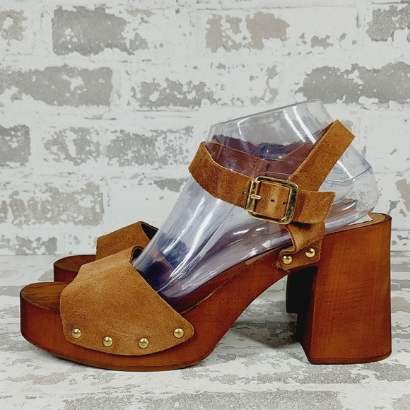New Steve Madden Alabama Platform Suede Brown Strap Wooden Studded Sandals F866 - Picture 1 of 13